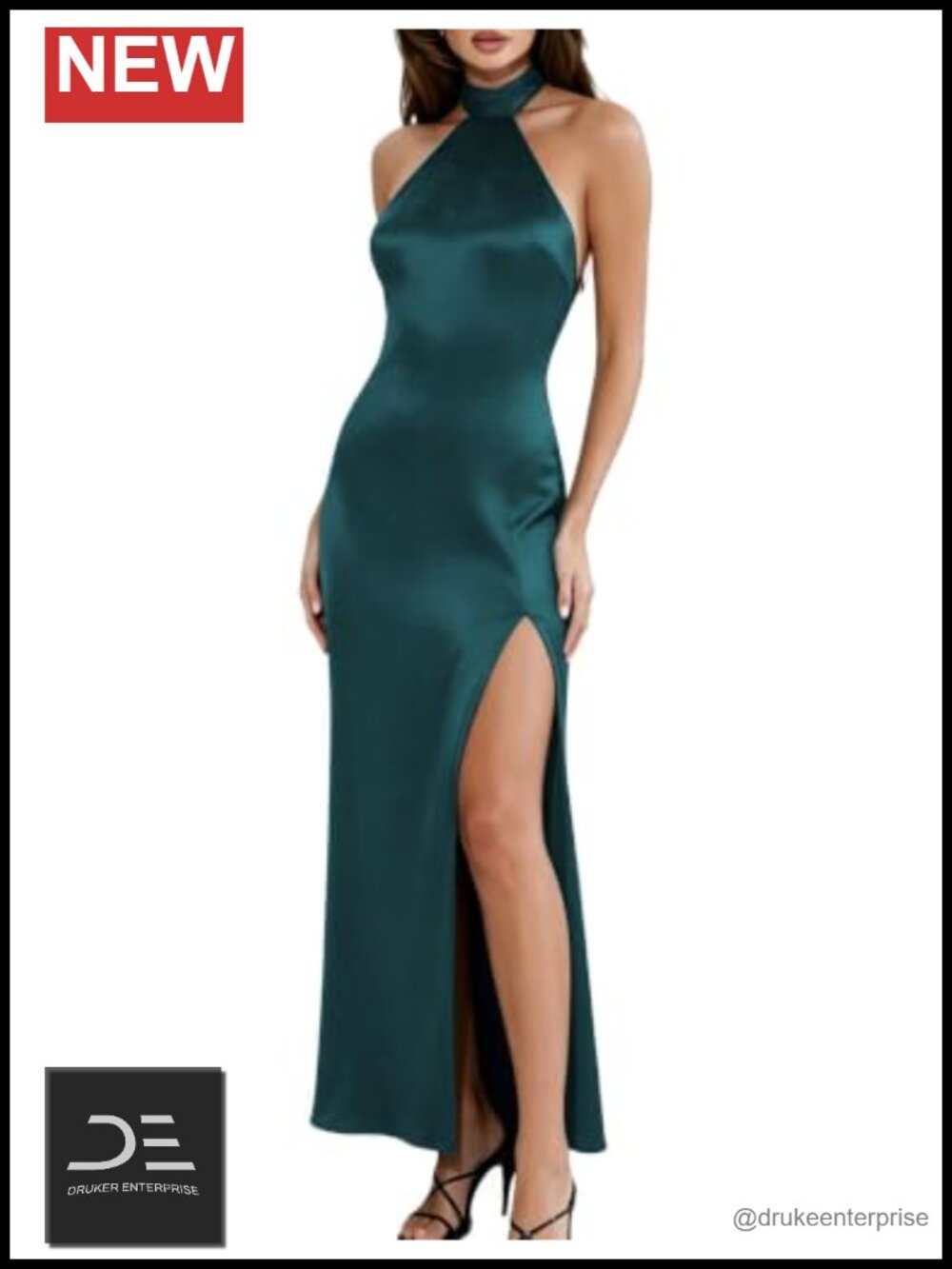 Satin Halter High Neck Maxi Dress with Slit Backless Tie Back Formal Cocktail
